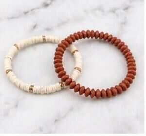 Set of 2 Heishi Bead Stretch Bracelets Cream & Rust Stackable Boho Beach Jewelry